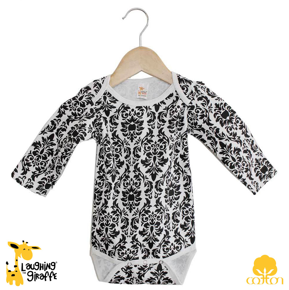 L/S Lap Shoulder Onezie Damask Prints (Color: Black, Size: 0-3M)